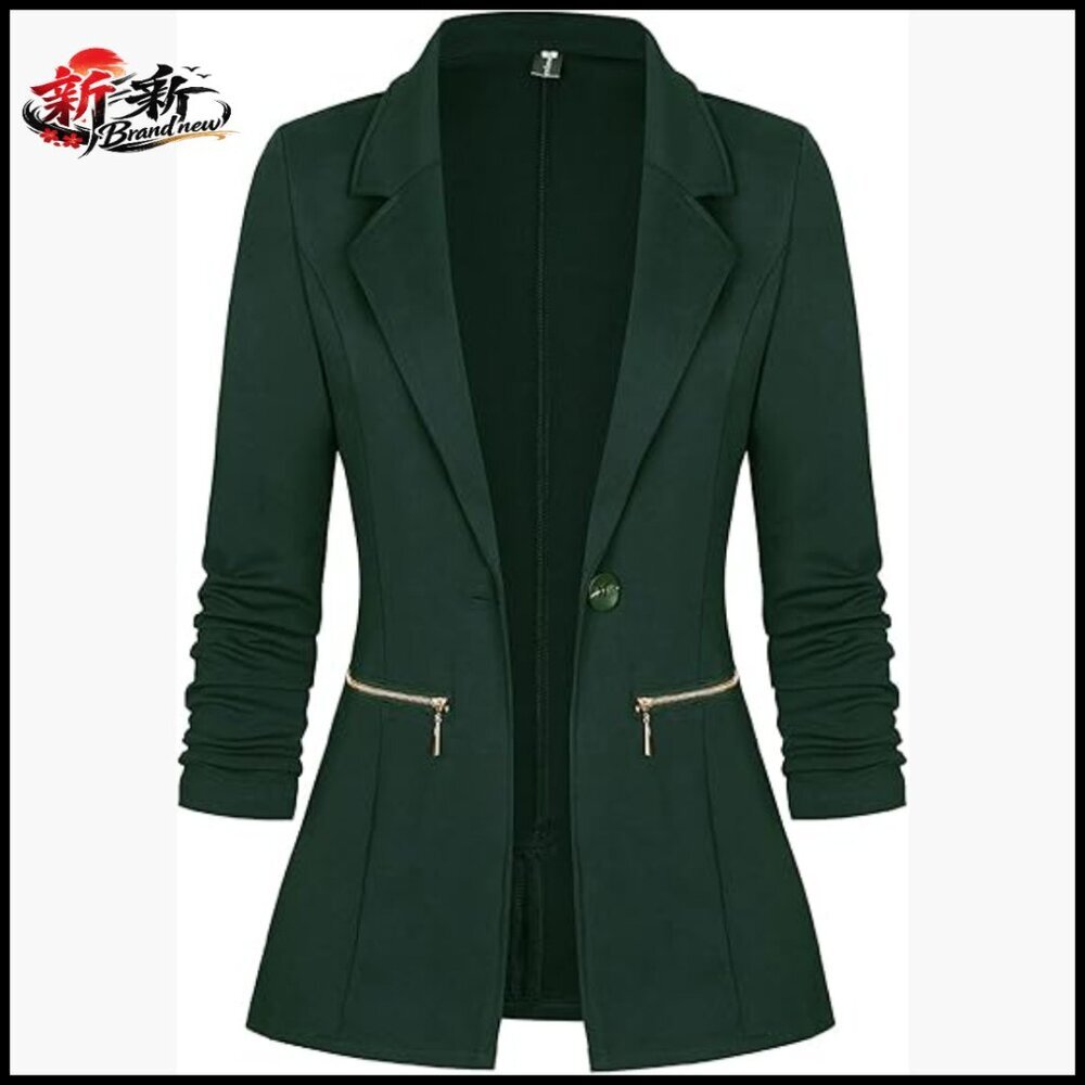Long Sleeve Blazer with Zipper Pockets for Work Office Casual